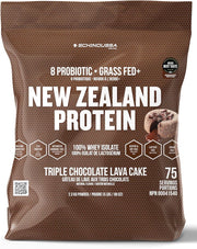 Protein powder package with 'New Zealand Protein' branding on a brown background