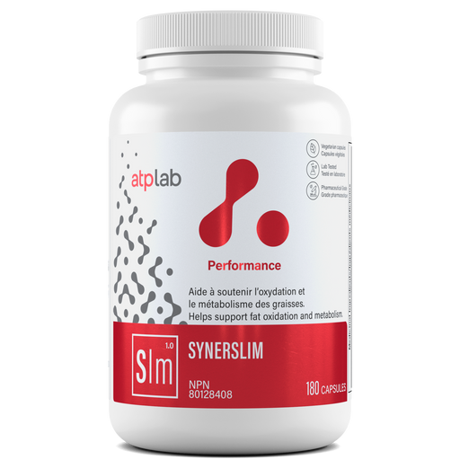Supplement bottle labeled 'atplab SynerSlim' on a white background