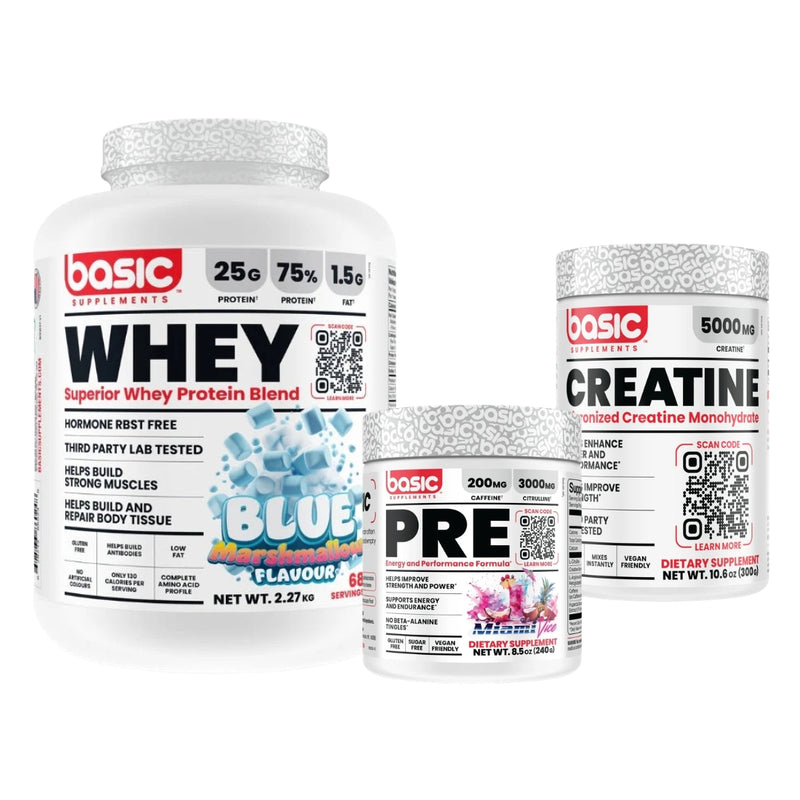 BASIC WHEY 5LB + PRE WORKOUT + CREATINE BUNDLE