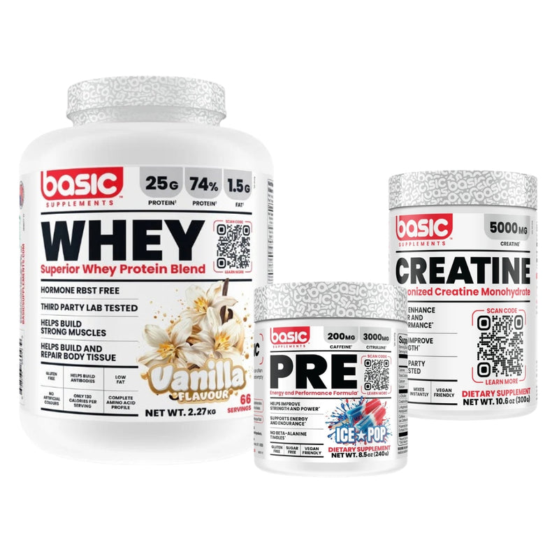 BASIC WHEY 5LB + PRE WORKOUT + CREATINE BUNDLE