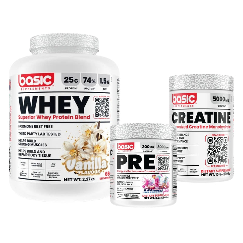BASIC WHEY 5LB + PRE WORKOUT + CREATINE BUNDLE