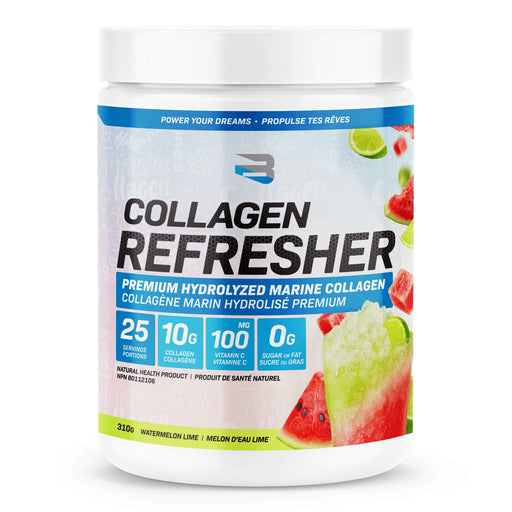 Collagen refreshment product container with watermelon lime flavor on a white background