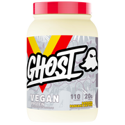 A tub of Ghost Vegan Protein powder in Banana Pancake Flavour, featuring a red lid and a grey, white, and red label with a ghost logo.
