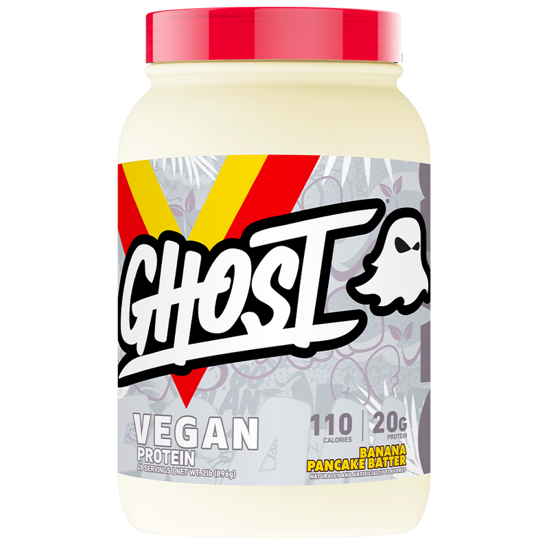 A tub of Ghost Vegan Protein powder in Banana Pancake Flavour, featuring a red lid and a grey, white, and red label with a ghost logo.