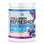 Collagen supplement container with grape flavor on a white background