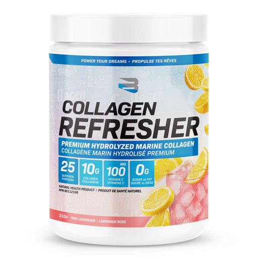 Collagen refresher supplement container with lemon slices on a white background