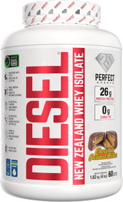 Protein powder container with 'Diesel' branding on a white background