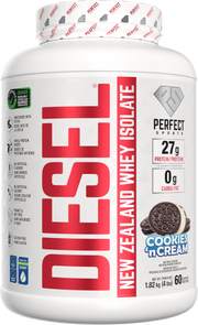 Protein powder container with 'Diesel' branding and 'Cookies 'n Cream' flavor on a white background