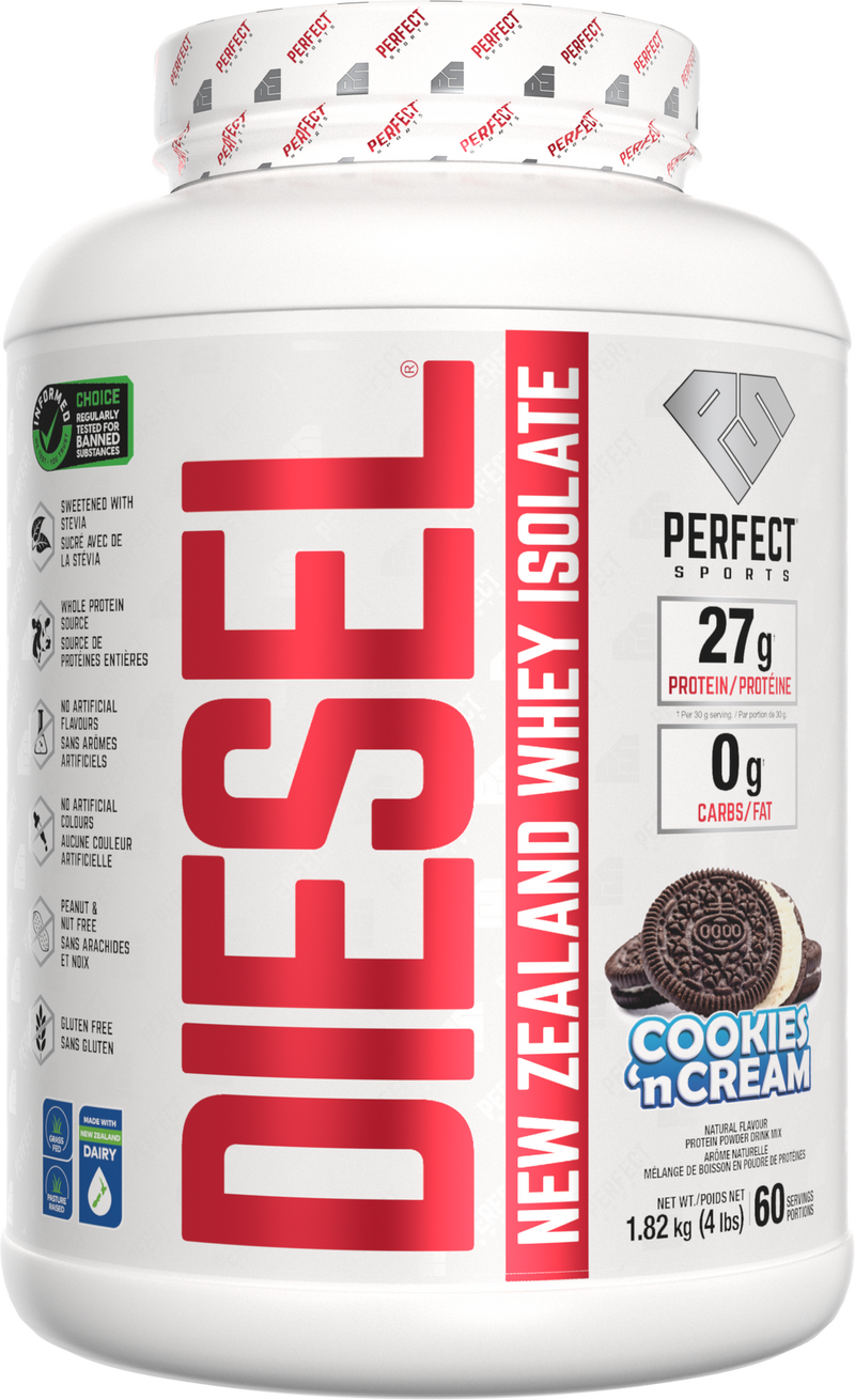 Protein powder container with 'Diesel' branding and 'Cookies 'n Cream' flavor on a white background