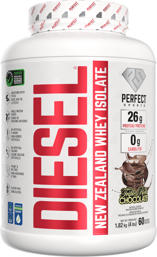 Supplement container with 'Diesel' branding and 'Perfect Sports' label on a white background