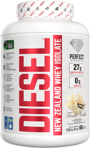 Protein powder container with 'Diesel' branding on a white background