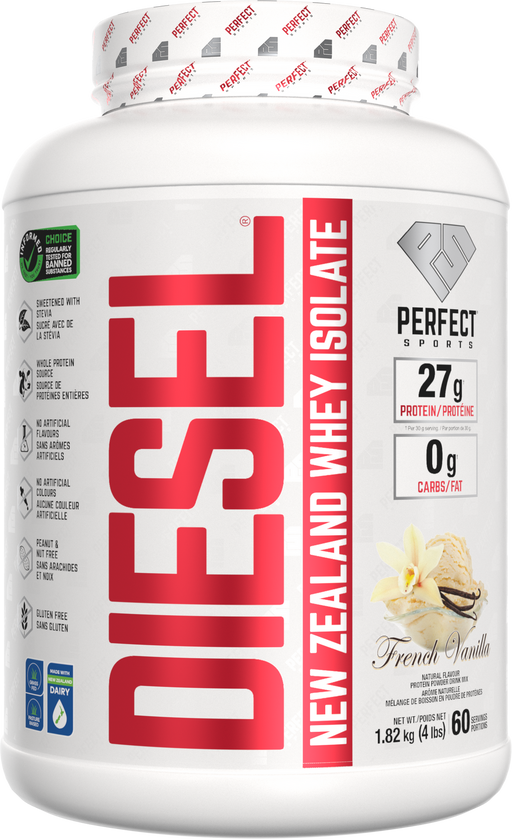Protein powder container with 'Diesel' branding on a white background