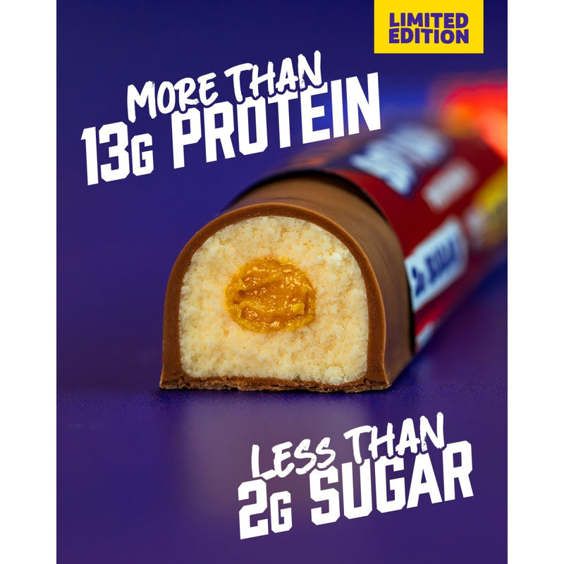 Close-up of a creme egg bar with a bite taken out, showing the filling on a purple background with text about protein and sugar content.
