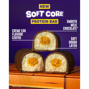 Protein bar with crème egg flavor on a wooden surface against a purple background