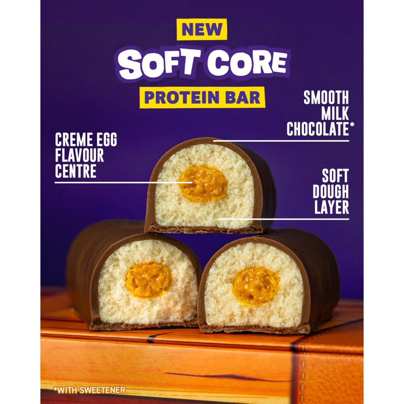 Protein bar with crème egg flavor on a wooden surface against a purple background