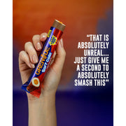 Hand holding a Grenade candy bar with a colorful background and text.