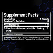 A black supplement facts label with white text reading 'Supplement Facts' and details for β-Nicotinamide Mononucleotide (NMN) 500 mg, shown on a dark background with blue hexagonal lines.