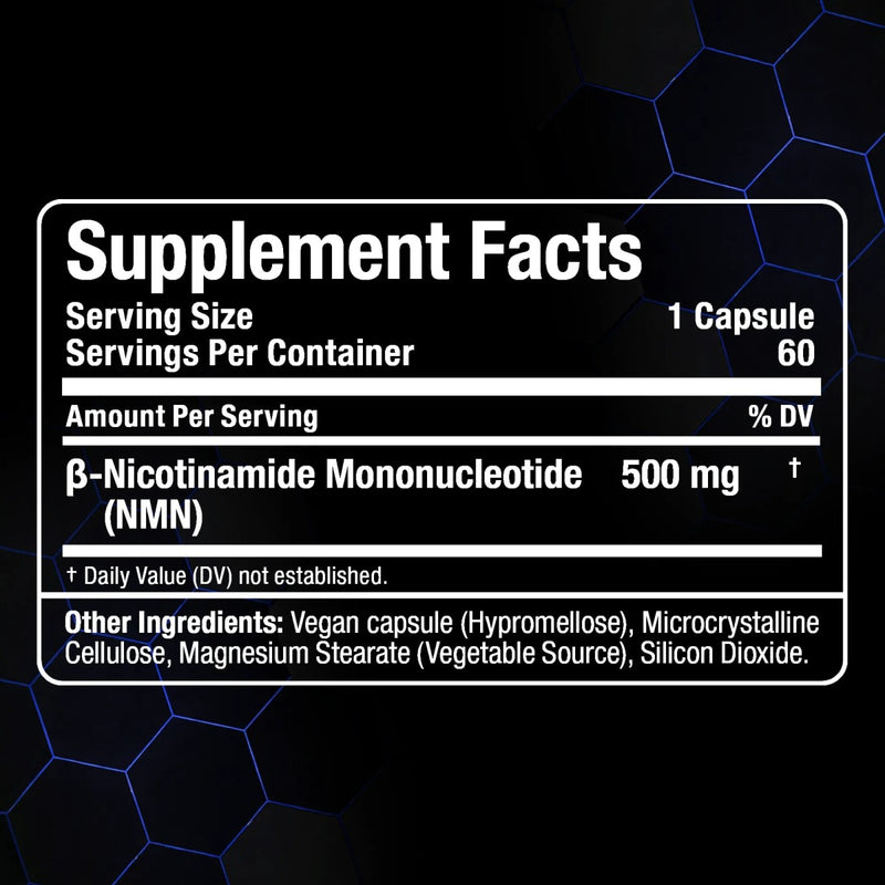 A black supplement facts label with white text reading 'Supplement Facts' and details for β-Nicotinamide Mononucleotide (NMN) 500 mg, shown on a dark background with blue hexagonal lines.