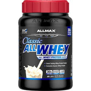 Allmax Classic ALLWHEY Vanilla protein powder in a 2 lb tub, featuring 30g of protein for muscle recovery.