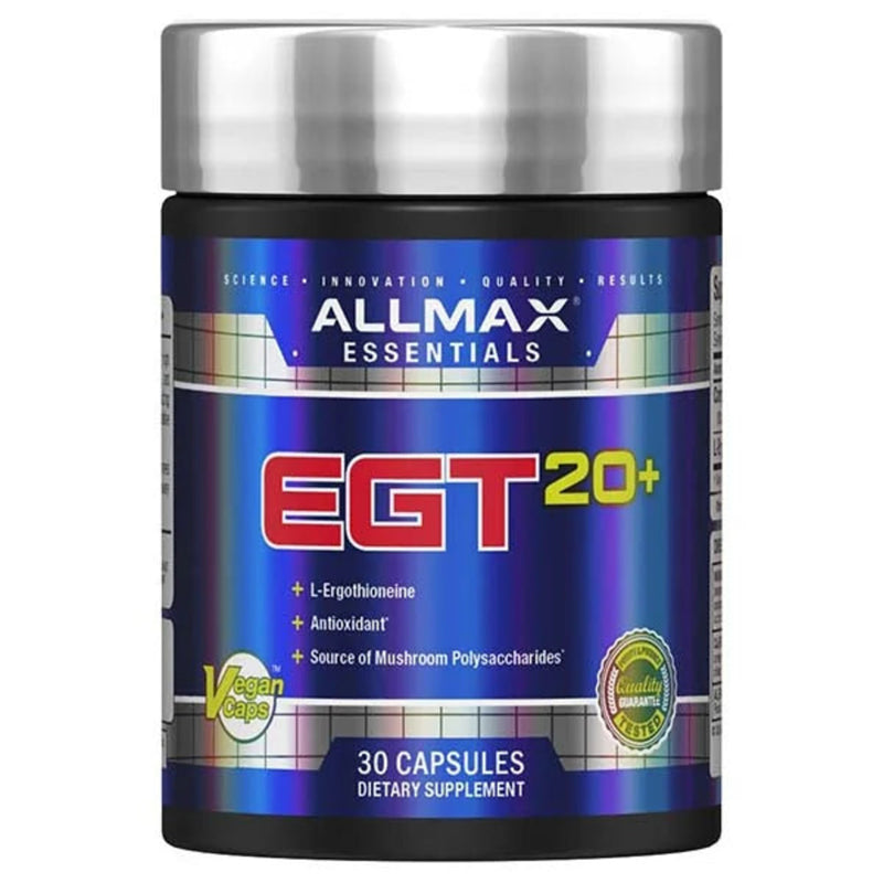 Allmax Essentials EGT 20+ antioxidant supplement in a 30-capsule bottle for cellular protection.