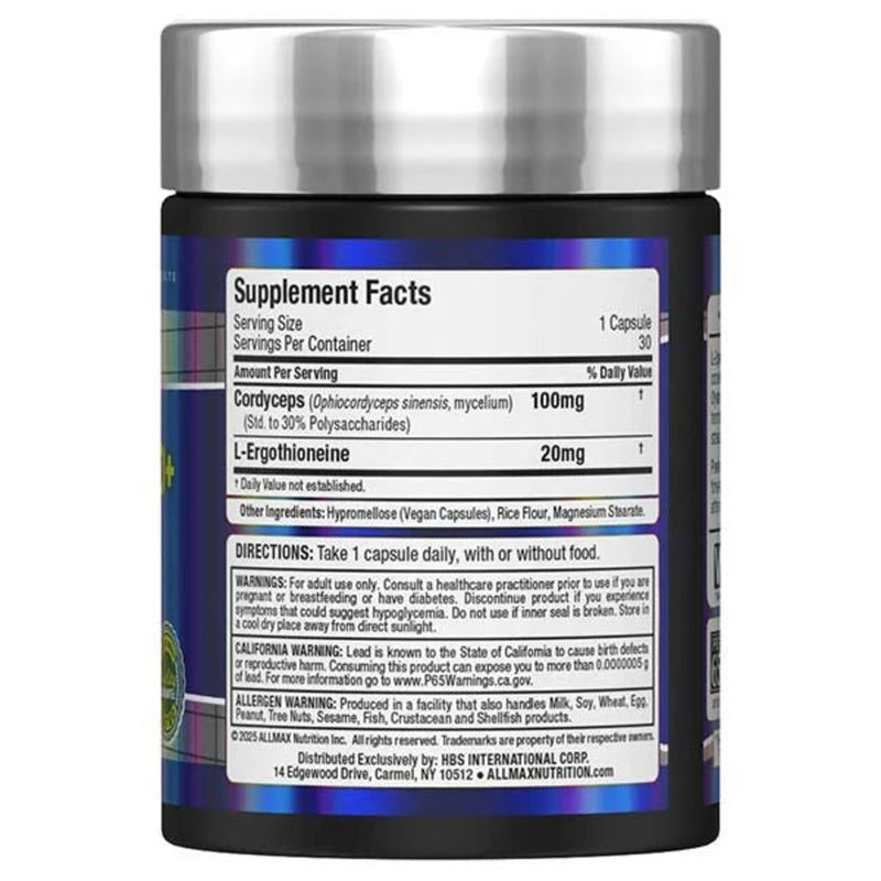 ALLMAX EGT20+ right side view highlighting L-Ergothioneine content for enhanced muscle recovery support.