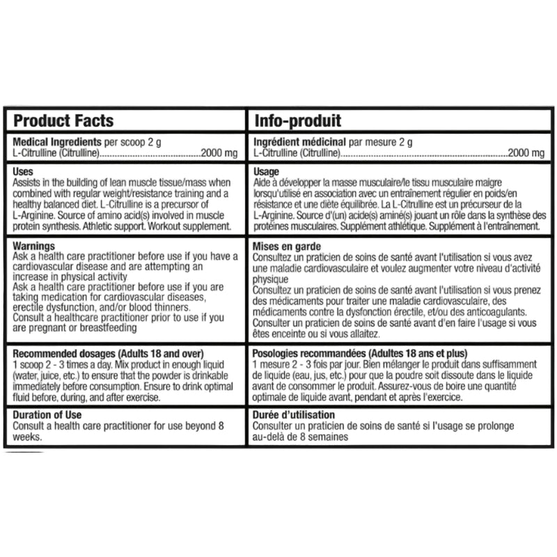 BULL Nutrition L-Citrulline 100 Servings Supplement Facts – Bulldog Nutrition