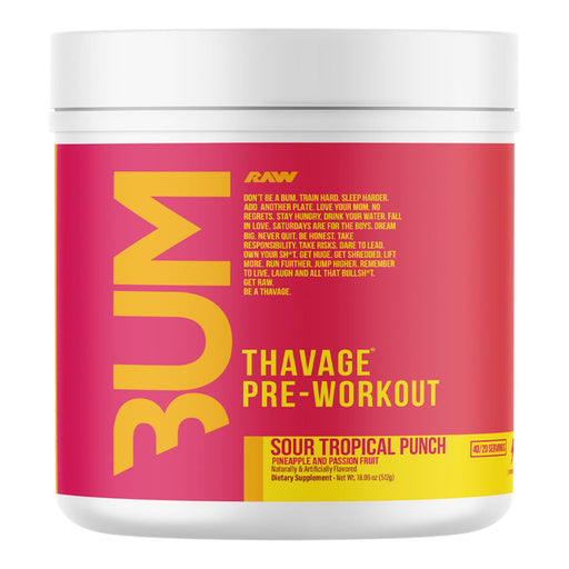 Pre-workout supplement container with 'BUM' branding on a white background