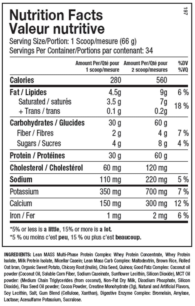 ANS Lean Mass Gainer Supplement Facts